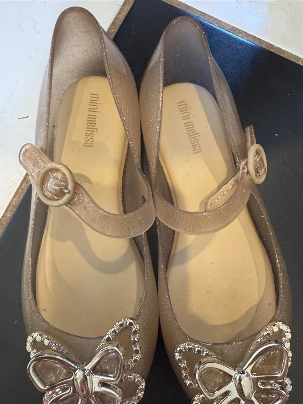 Mini Melissa Glittery Beige Mary Jane Flats with Rhinestone Butterfly